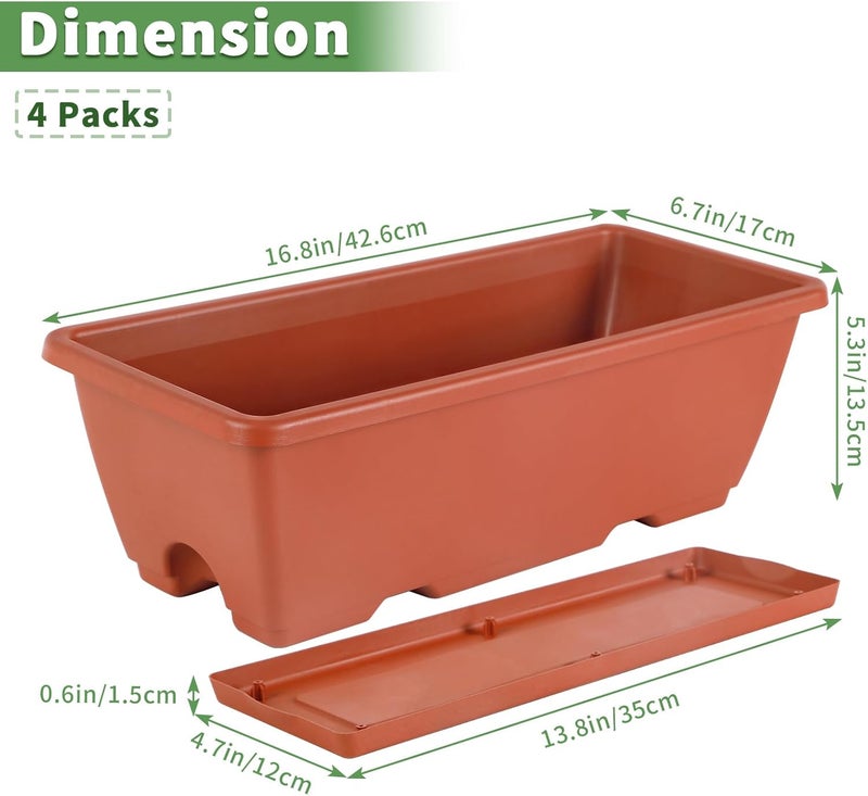 HAITRAL 16.9 Inch Deck Railing Planter Boxes for Plants, Rectangular Hanging Window Boxes Planters with Metal Flower Pots Brackets - 4 Pack Railing Planter Box for Balcony Fences Garden, Red - Image 2